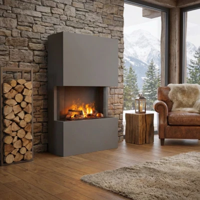 Glow Fire Tucholsky 3-seitig Grau - OMC 600 | Freistehender Wasserdampfkamin, Grau, 91 cm x 150 cm x 35 cm